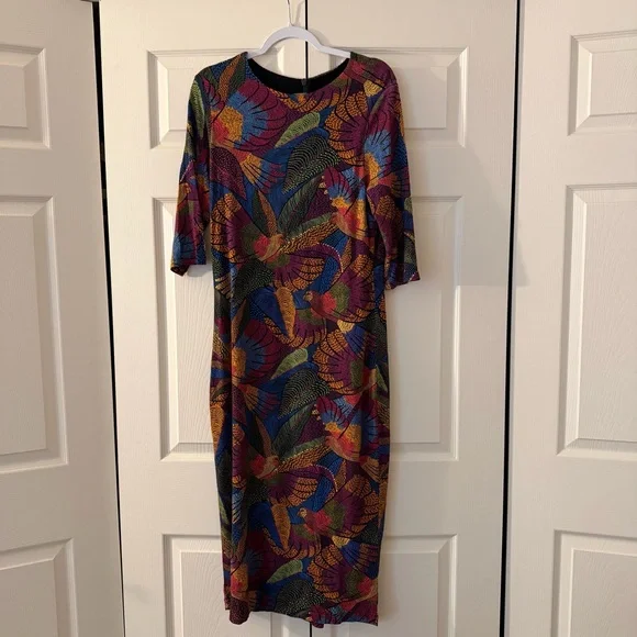 Farm Rio Dotted Macaws midi jersey dress size large floral bohemian sheath - Picture 3 of 11